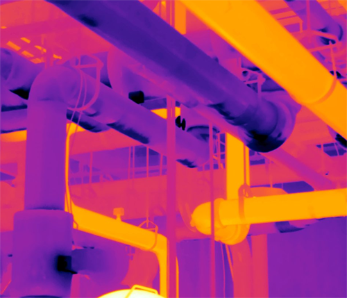 Thermal Imaging showing temperature difference between insulated and non-insulated piping